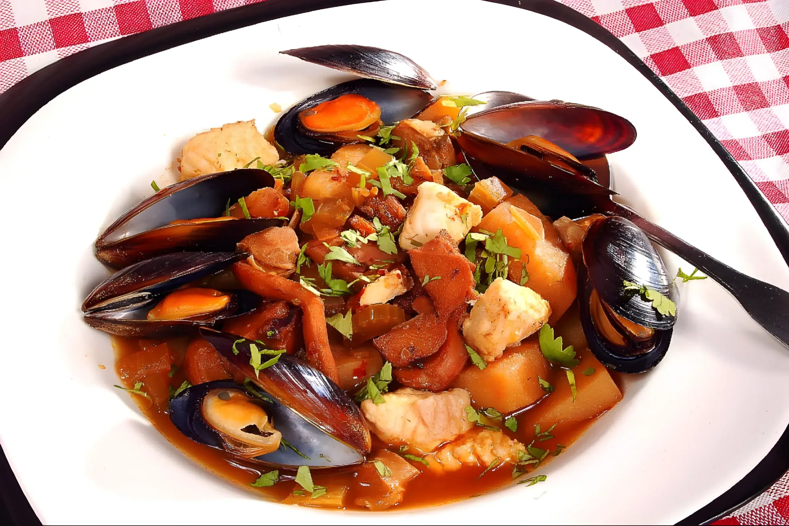 image of a plate with Sopa de Mariscos served in it