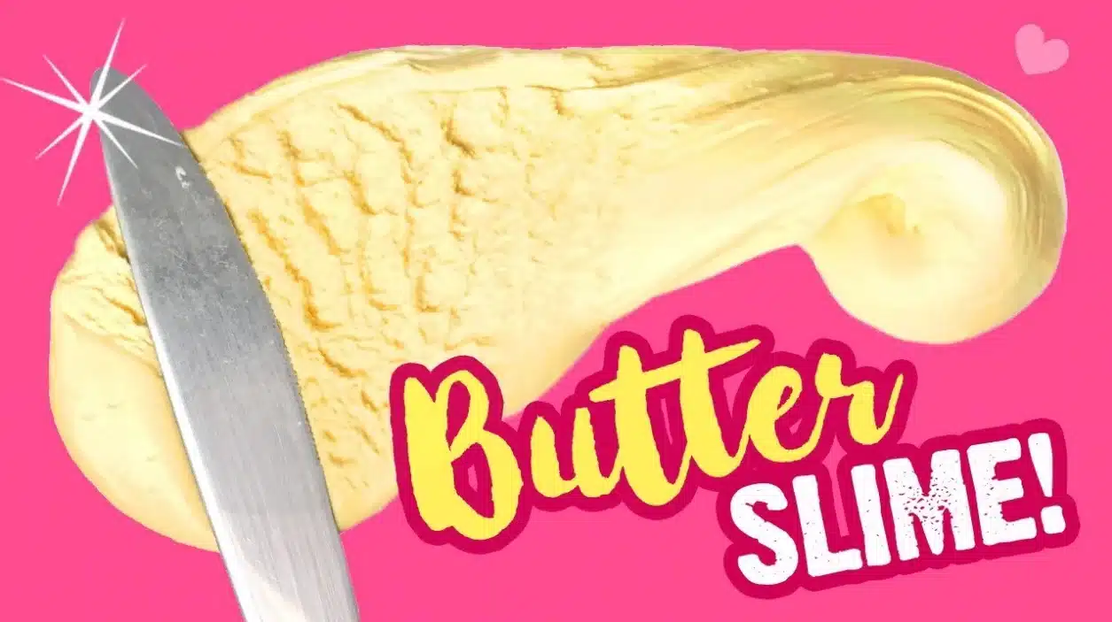 The image is a bright and colorful presentation on how to make slime Butter, depicted against a vivid pink background.