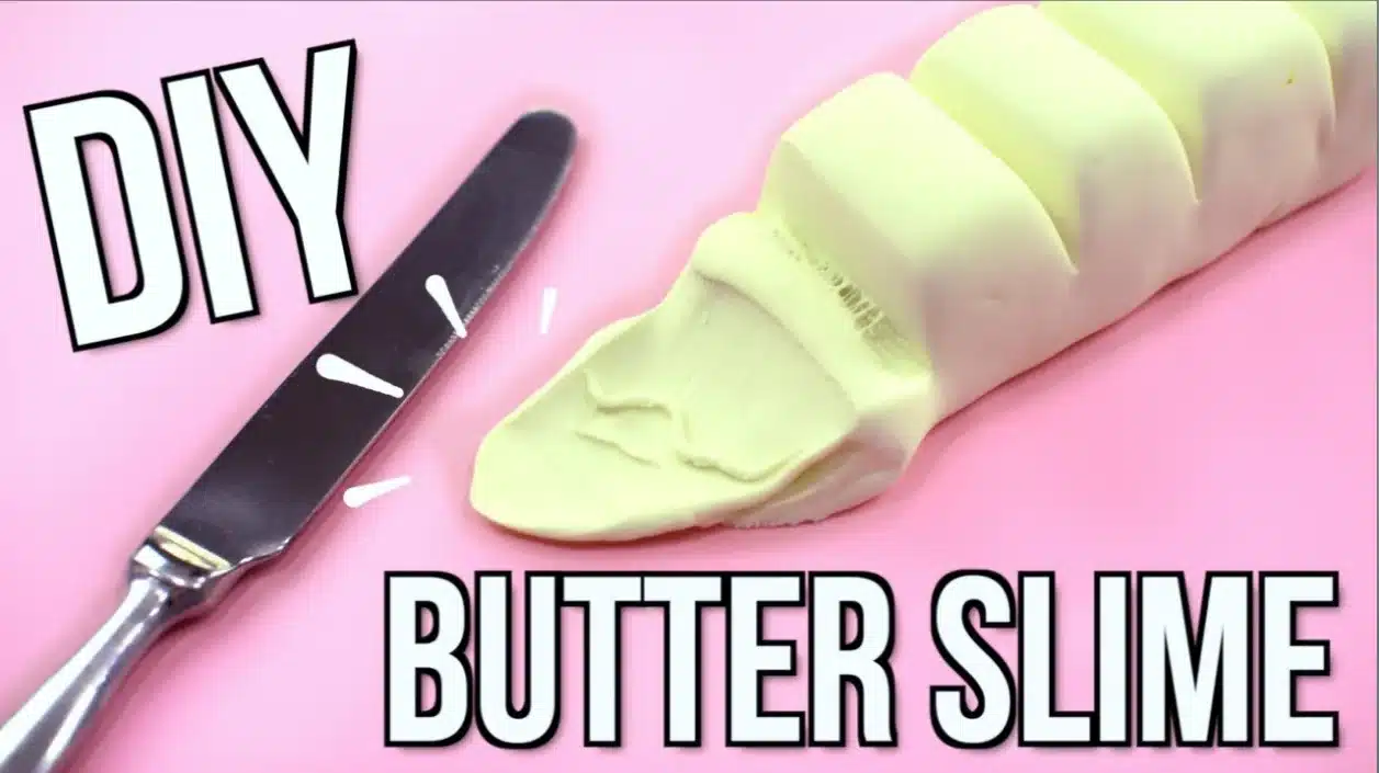 The image features a spread of what is labeled as "DIY Butter Slime with 3 ingredients" with the slime itself appearing in a creamy, pale yellow color, reminiscent of softened butter.
