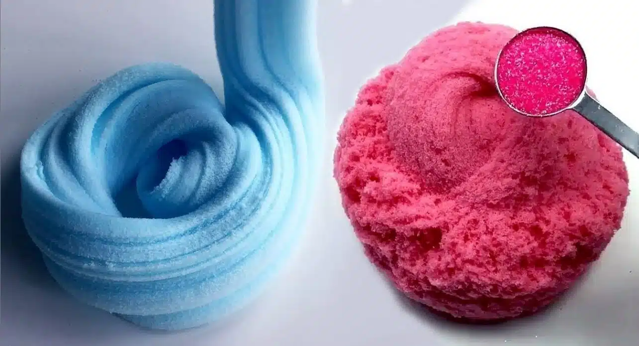 The image displays two visually appealing items: on the left is a swirled, fluffy object in a vibrant sky blue color, which resembles a soft cloud slime with 3 ingredients