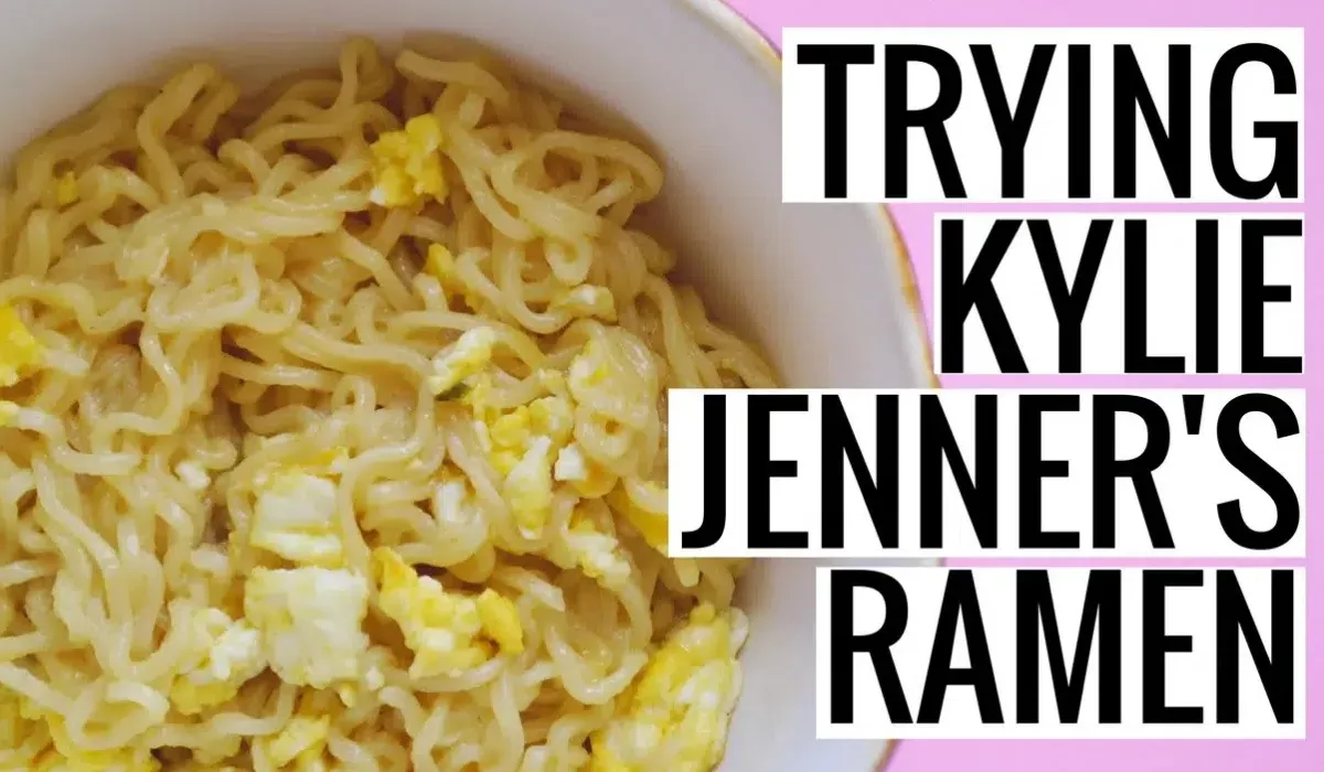 The image features a close-up view of a bowl of instant kylie jenner ramen noodles with scrambled egg mixed in.