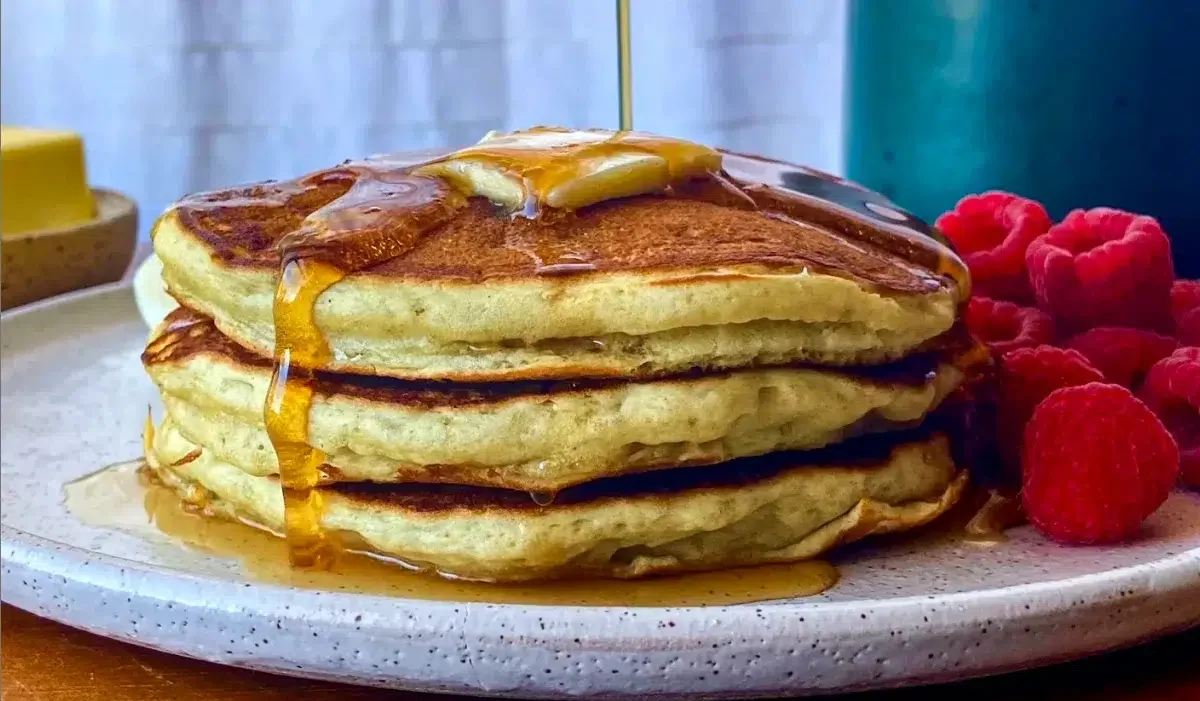 The image shows a stack of martha stewart pancake recipe