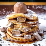 The image features a decadent stack of Gordon Ramsay pancakes on a white plate, dusted with powdered sugar.