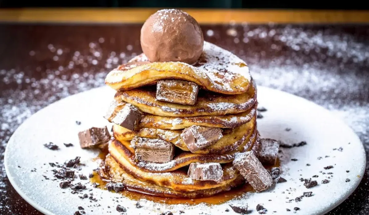 The image features a decadent stack of Gordon Ramsay pancakes on a white plate, dusted with powdered sugar.