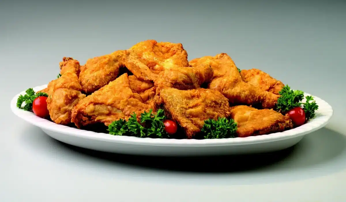 The image displays a platter of crispy fried Meat Church chicken with a golden-brown crust, arranged appealingly on a white oval plate.