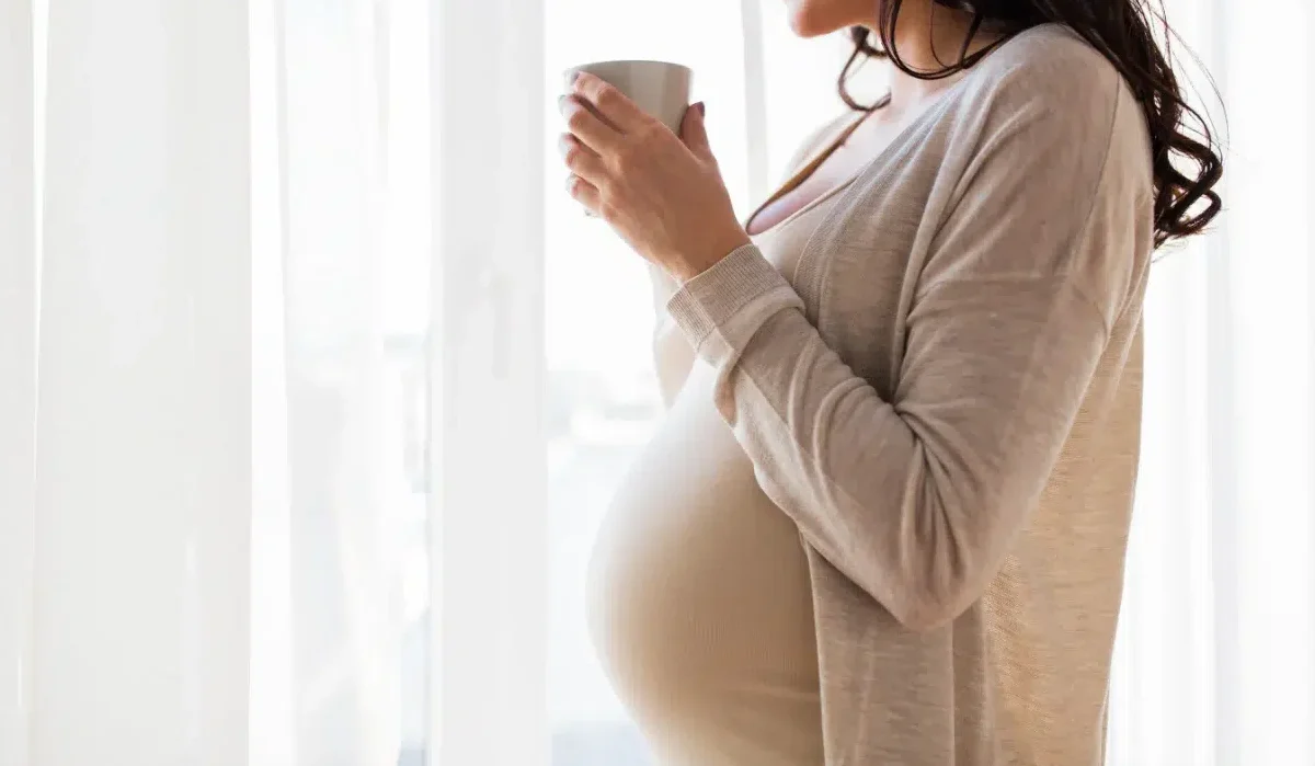 The image features a side profile of a pregnant woman standing by a window, holding whats is called 'midwives brew recipe'