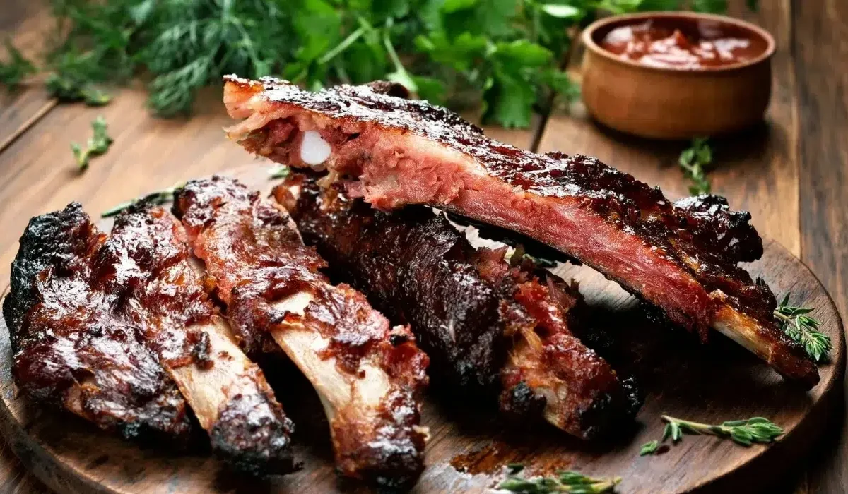 The image showcases a plate of meat church barbecued seasoned ribs.