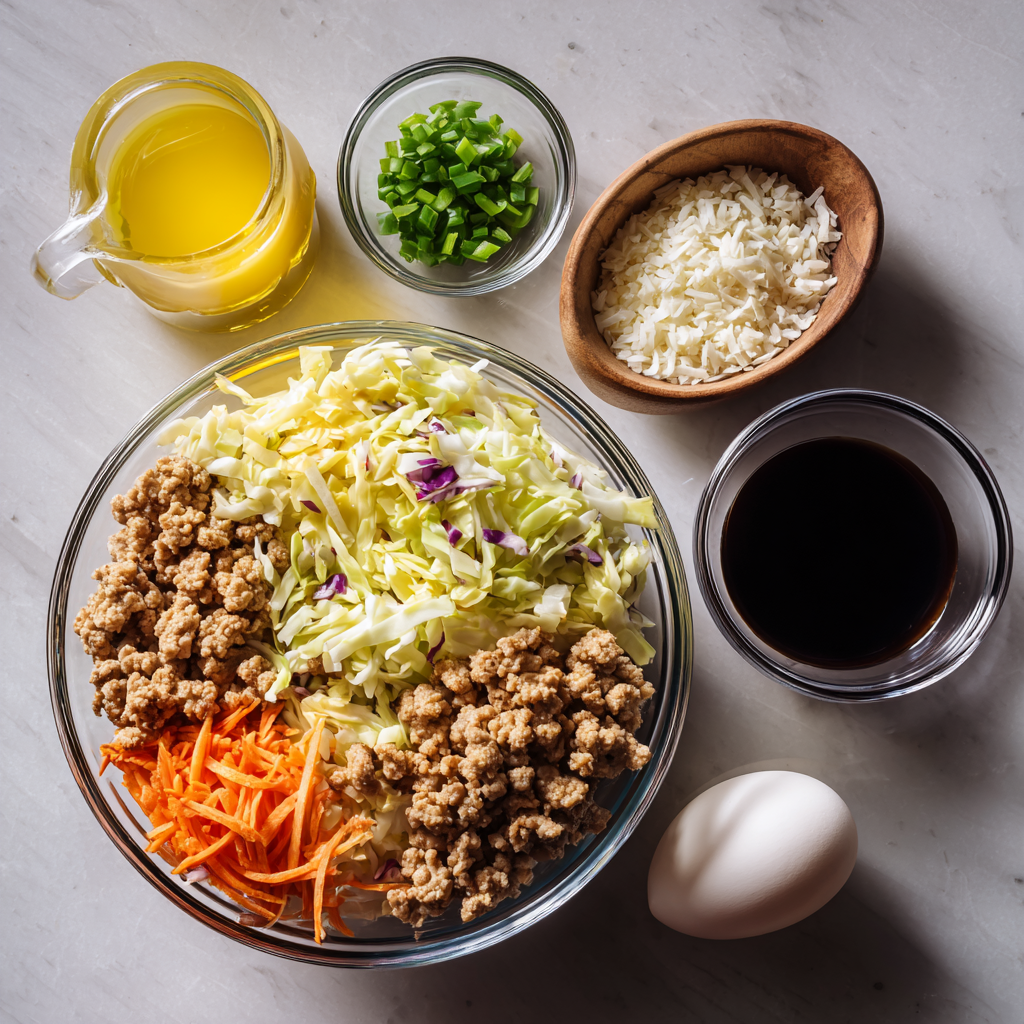 ingredients for egg roll in a bowl recipe flat lay