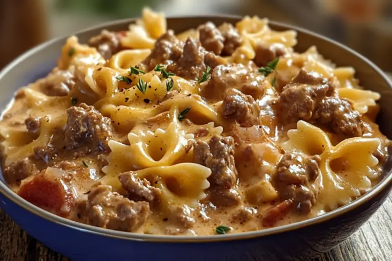 Creamy Beef and Bowtie Pasta – recipestasteful