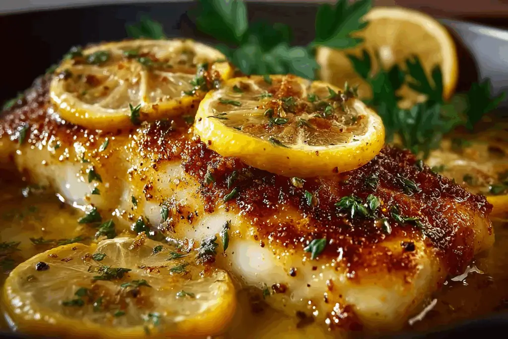 Fish fillets cooking in butter sauce