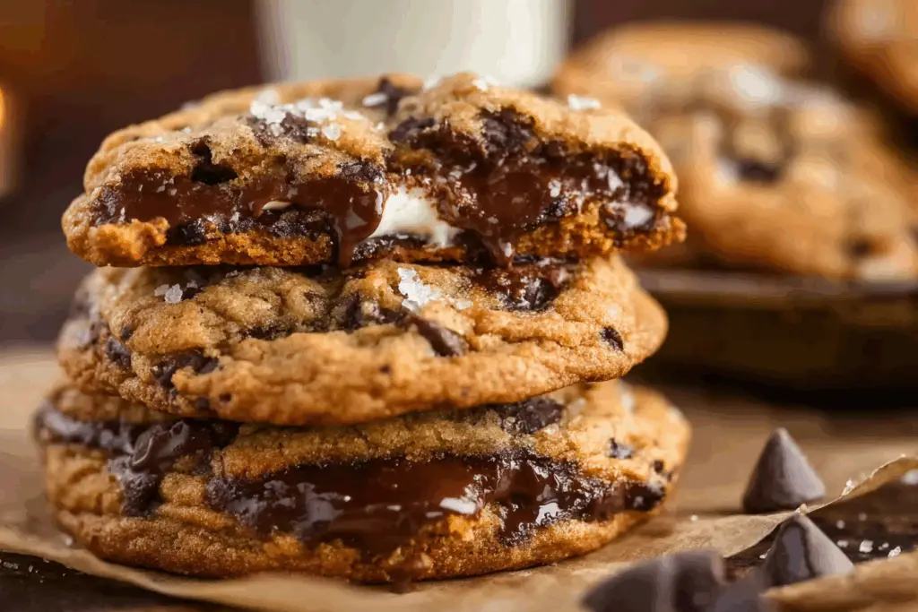 Stack of cheesecake stuffed chocolate chip cookies on a wooden table