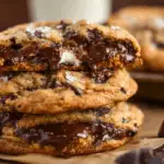 Stack of cheesecake stuffed chocolate chip cookies on a wooden table