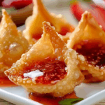 Golden crispy strawberry cheesecake wonton bites on plate