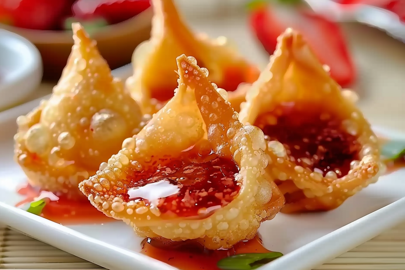 Golden crispy strawberry cheesecake wonton bites on plate