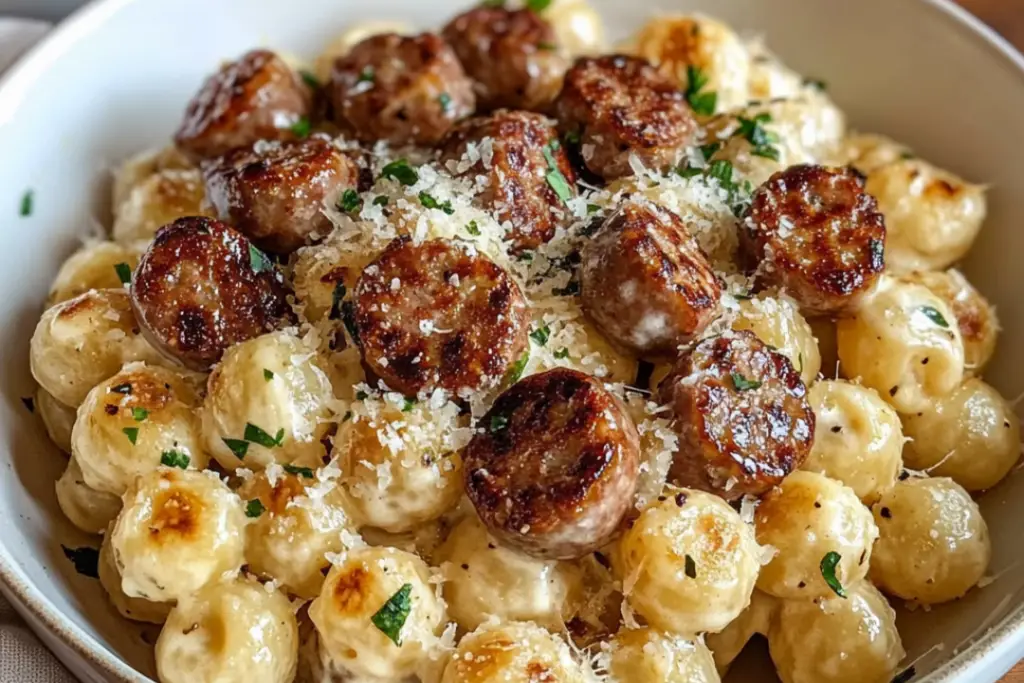 Garlic Butter Sausage Bites with Creamy Parmesan Pasta - recipestasteful