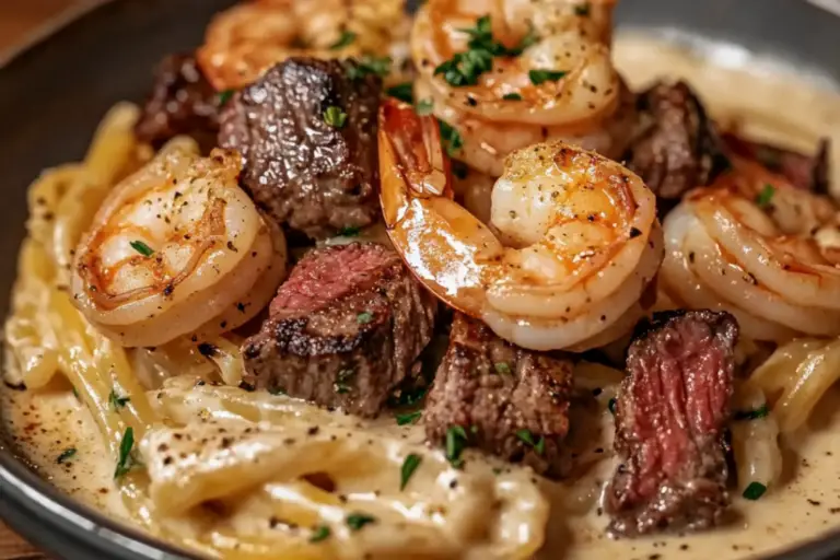 Cajun Shrimp and Steak Alfredo Pasta Recipe - recipestasteful