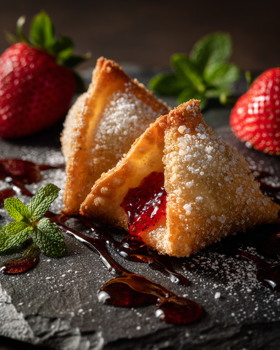 Three variations of fried cheesecake wonton bites on a platter