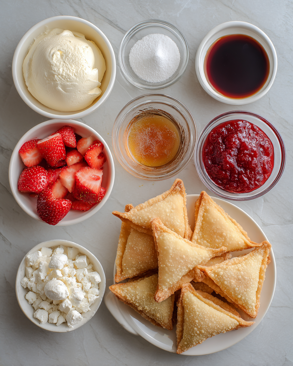 Ingredients for Deep-Fried Strawberry Cheesecake Wonton Bites laid out