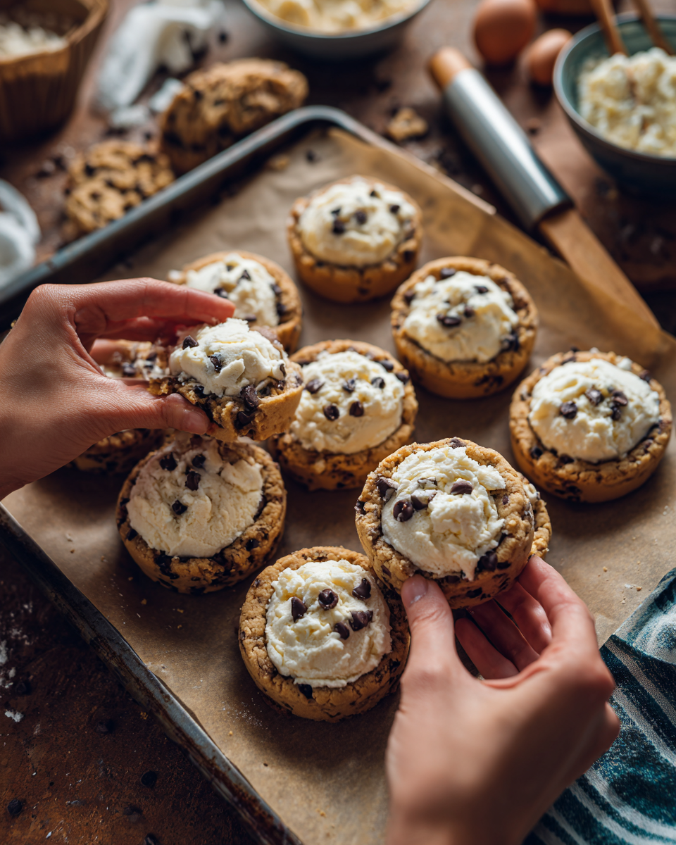 Cheesecake stuffed chocolate chip cookies cooling on a rack