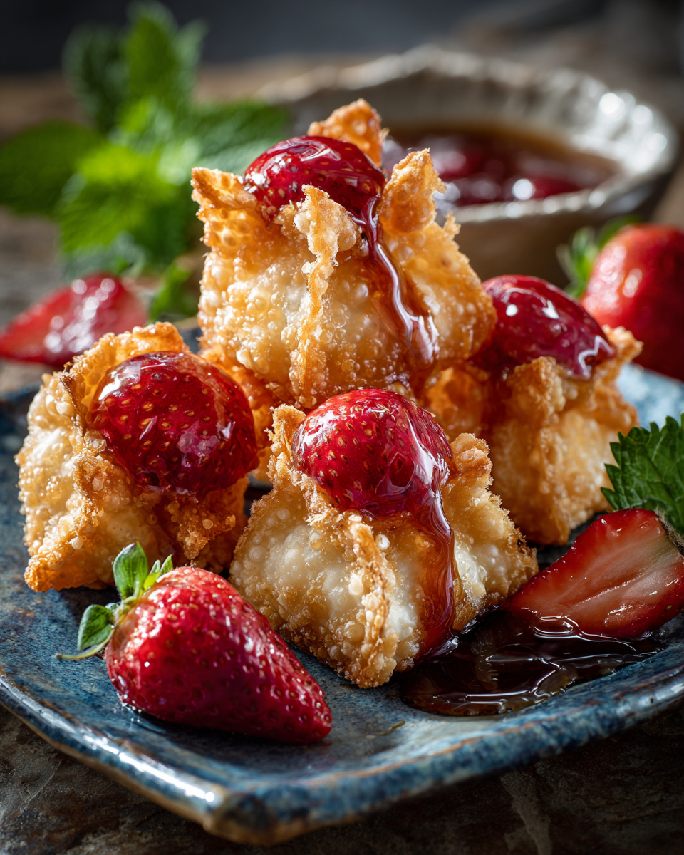 Frying strawberry cheesecake wontons in hot oil