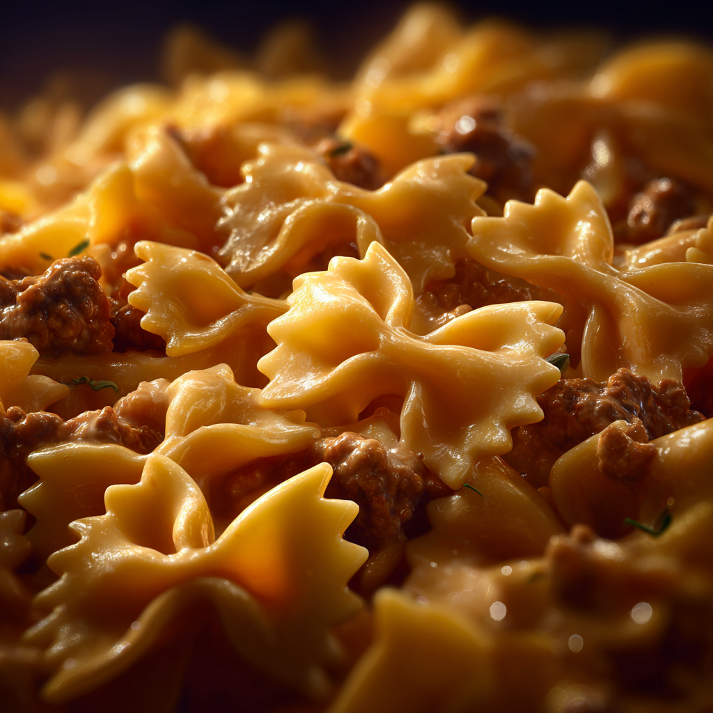 Ground beef, garlic, and onion cooking for bowtie pasta