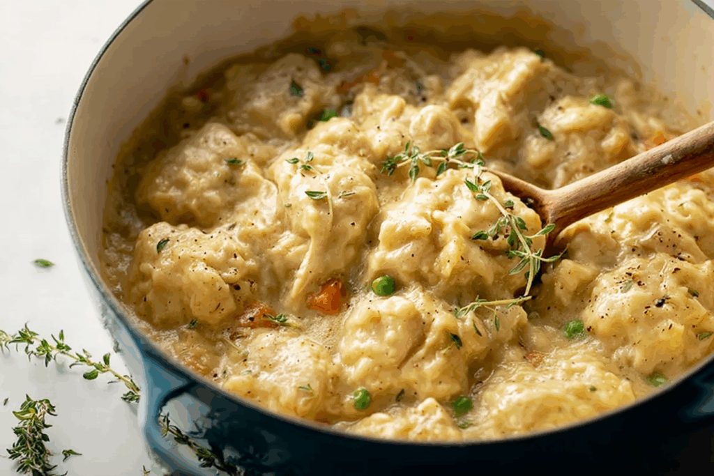 Creamy chicken and dumplings recipe served in a rustic kitchen
