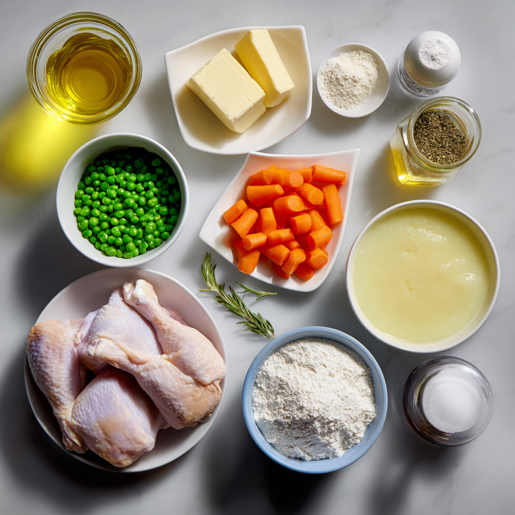 Ingredients for chicken and dumplings recipe on wooden counter