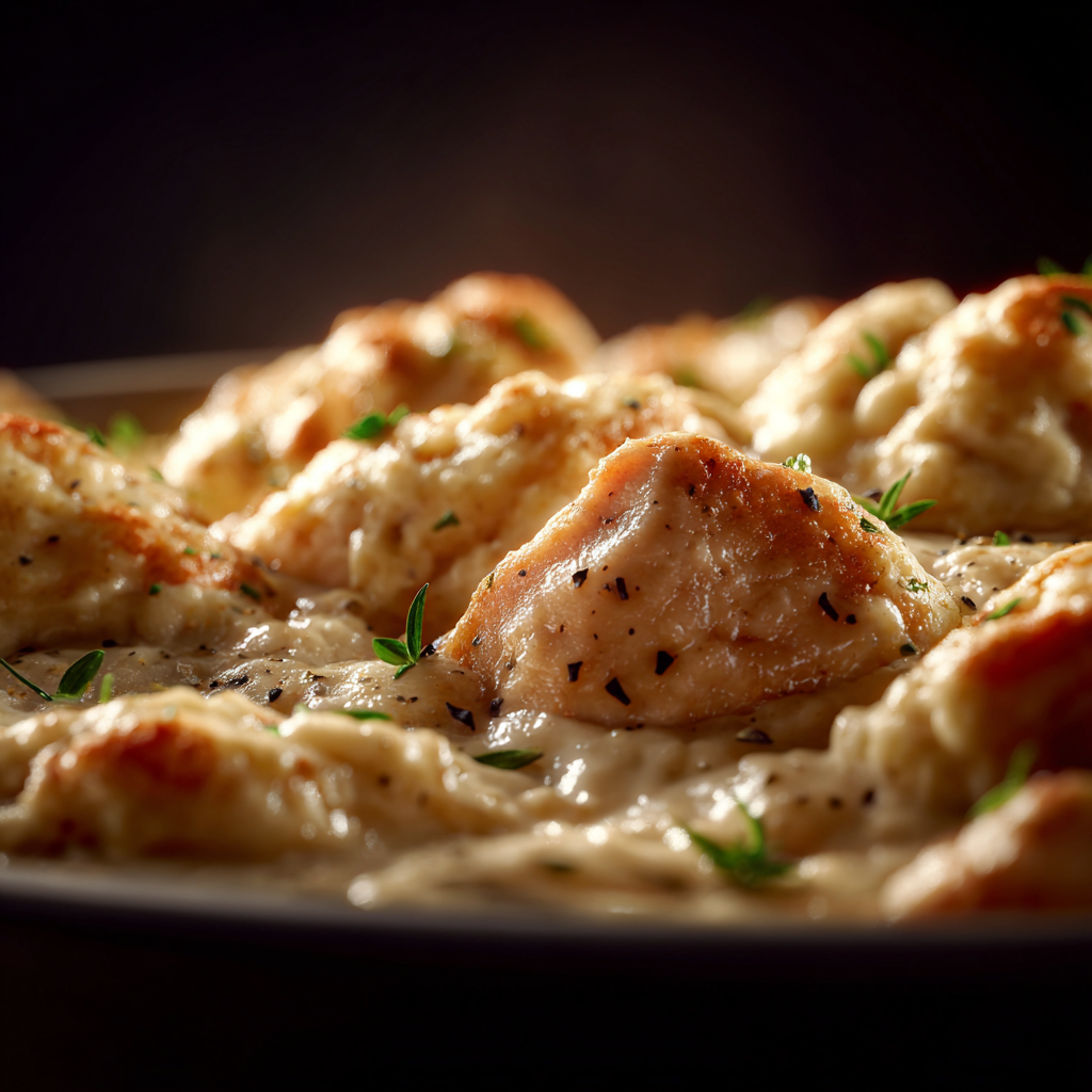 Chicken and dumplings simmering in a creamy broth