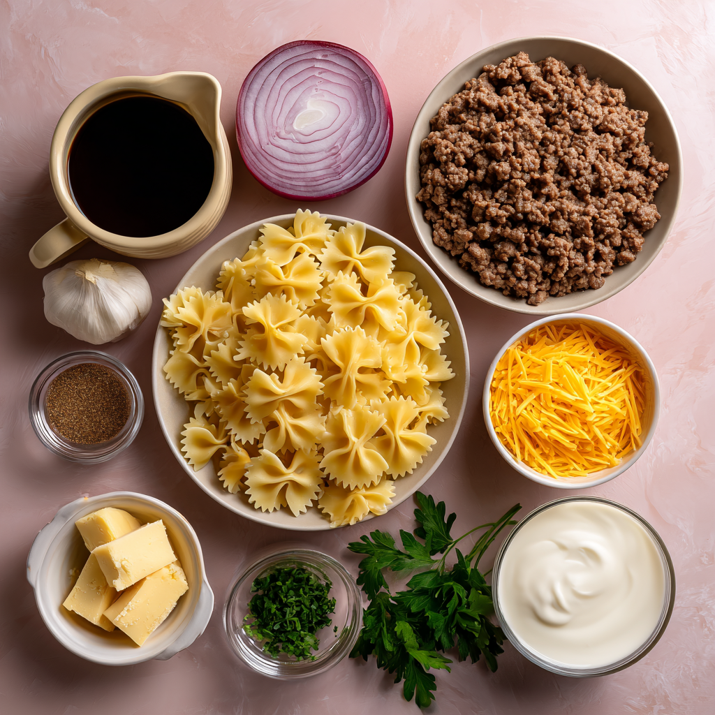 Ingredients for Creamy Ground Beef and Bowtie Pasta recipe