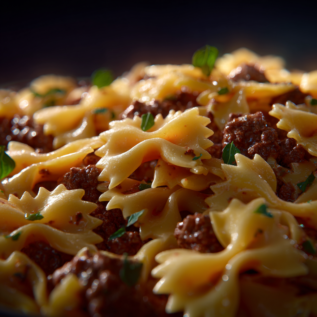 Fork twirling creamy ground beef and bowtie pasta