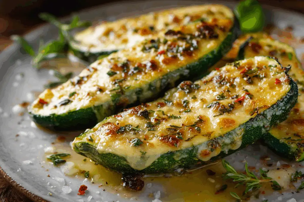 Cheesy Garlic Zucchini Steaks with golden cheese and fresh basil garnish