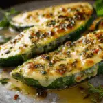 Cheesy Garlic Zucchini Steaks with golden cheese and fresh basil garnish