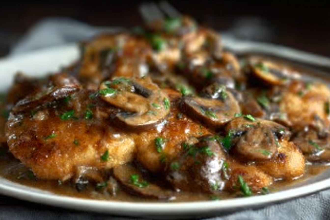 Chicken Marsala recipe with creamy mushroom wine sauce and mashed potatoes
