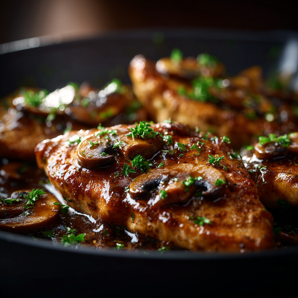 Chicken Marsala cooking in skillet with mushrooms and Marsala wine sauce