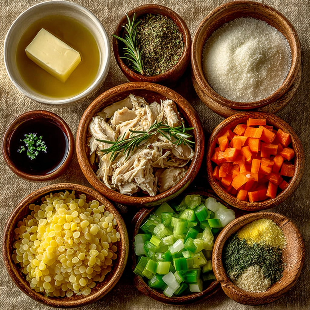 Bowl of chicken pastina soup with tiny pasta, shredded chicken, carrots, and parsley in a light golden broth