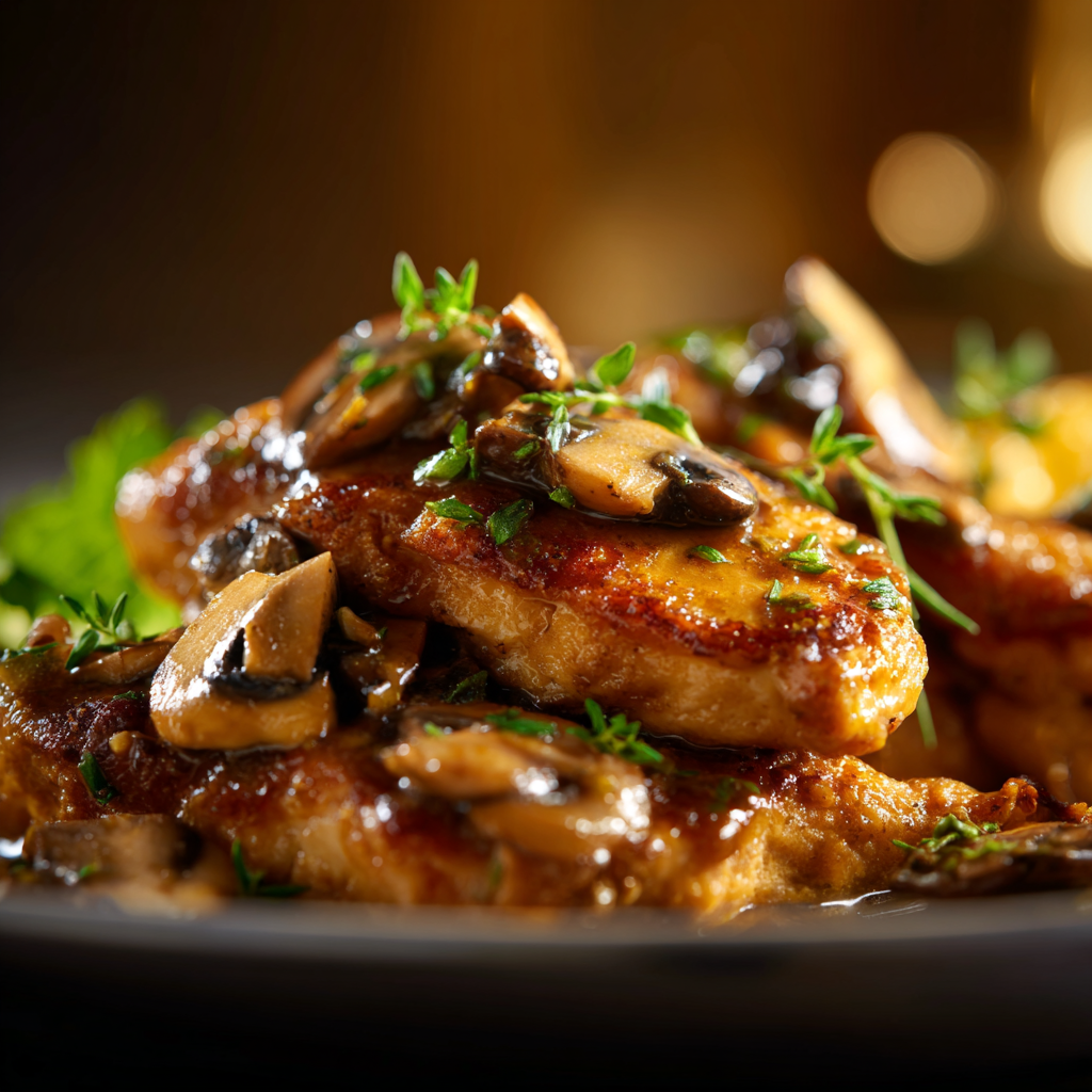 Plated chicken Marsala dinner with mashed potatoes and green beans