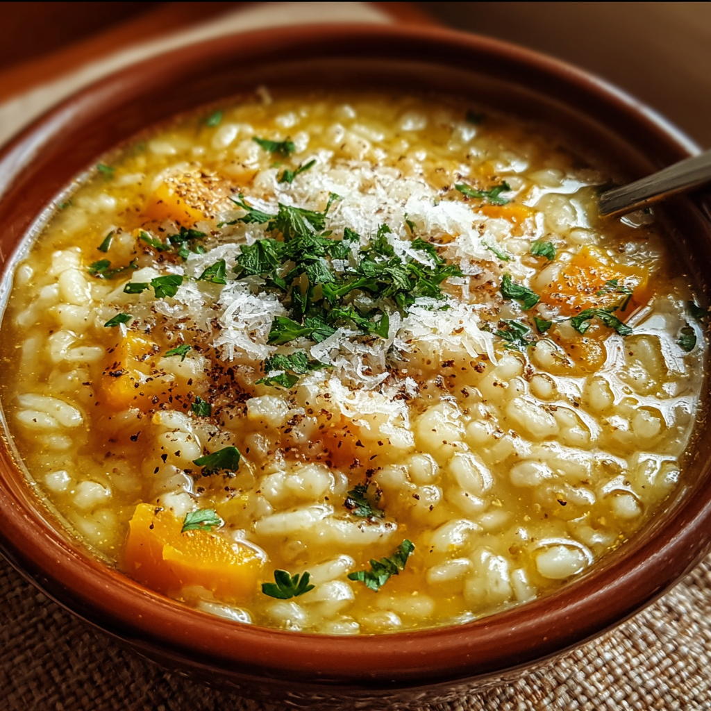 Bowl of chicken pastina soup recipe with tiny pasta, shredded chicken, carrots, and parsley in a light golden broth