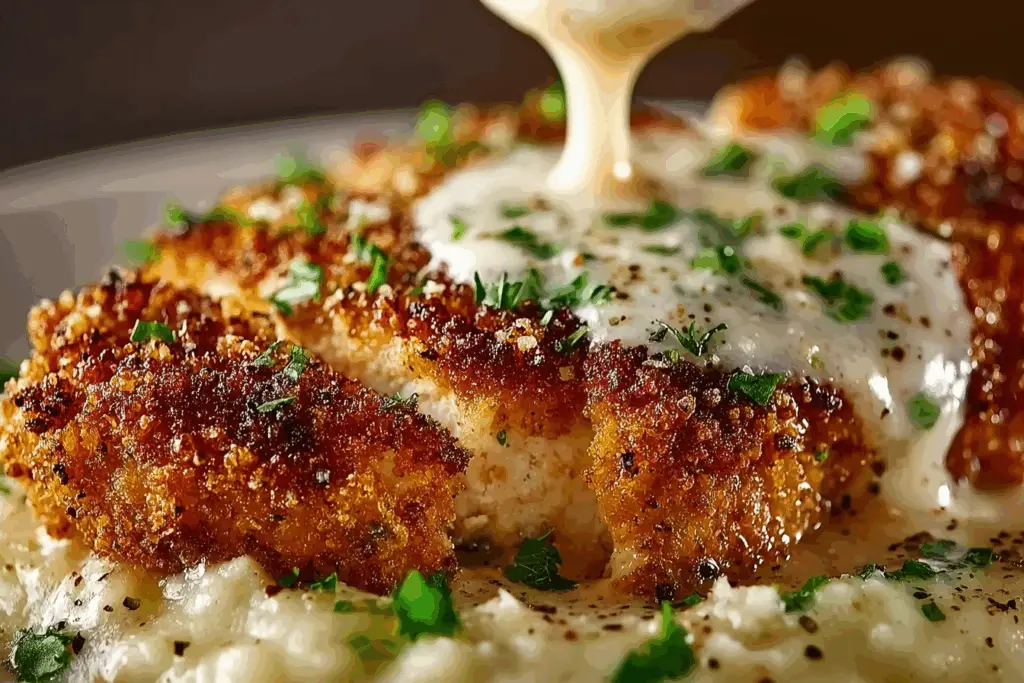 Parmesan Crusted Chicken with Creamy Garlic Sauce plated with garnish.