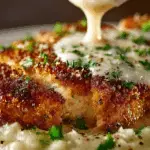Parmesan Crusted Chicken with Creamy Garlic Sauce plated with garnish.
