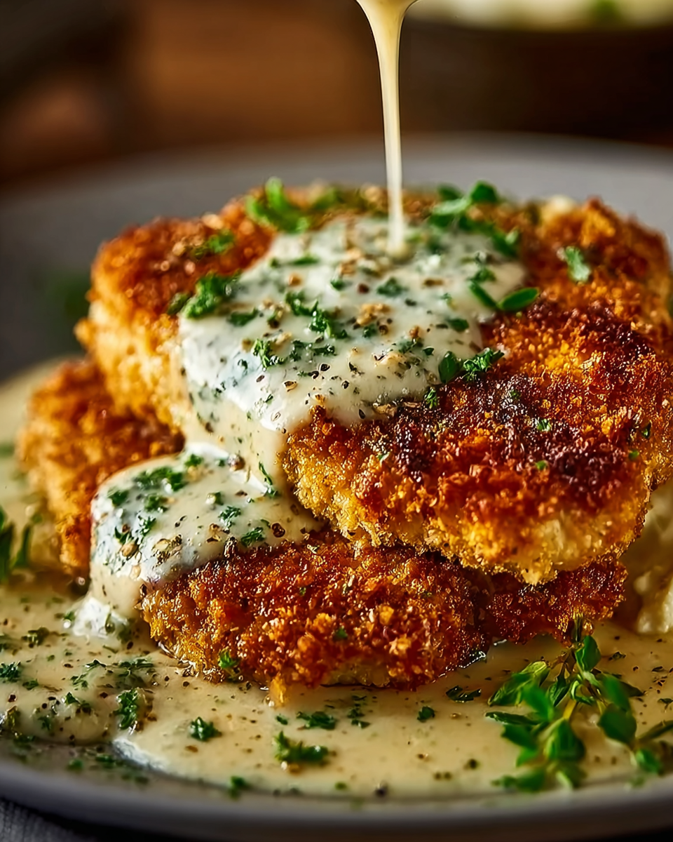 Parmesan crusted chicken served with mashed potatoes and vegetables.