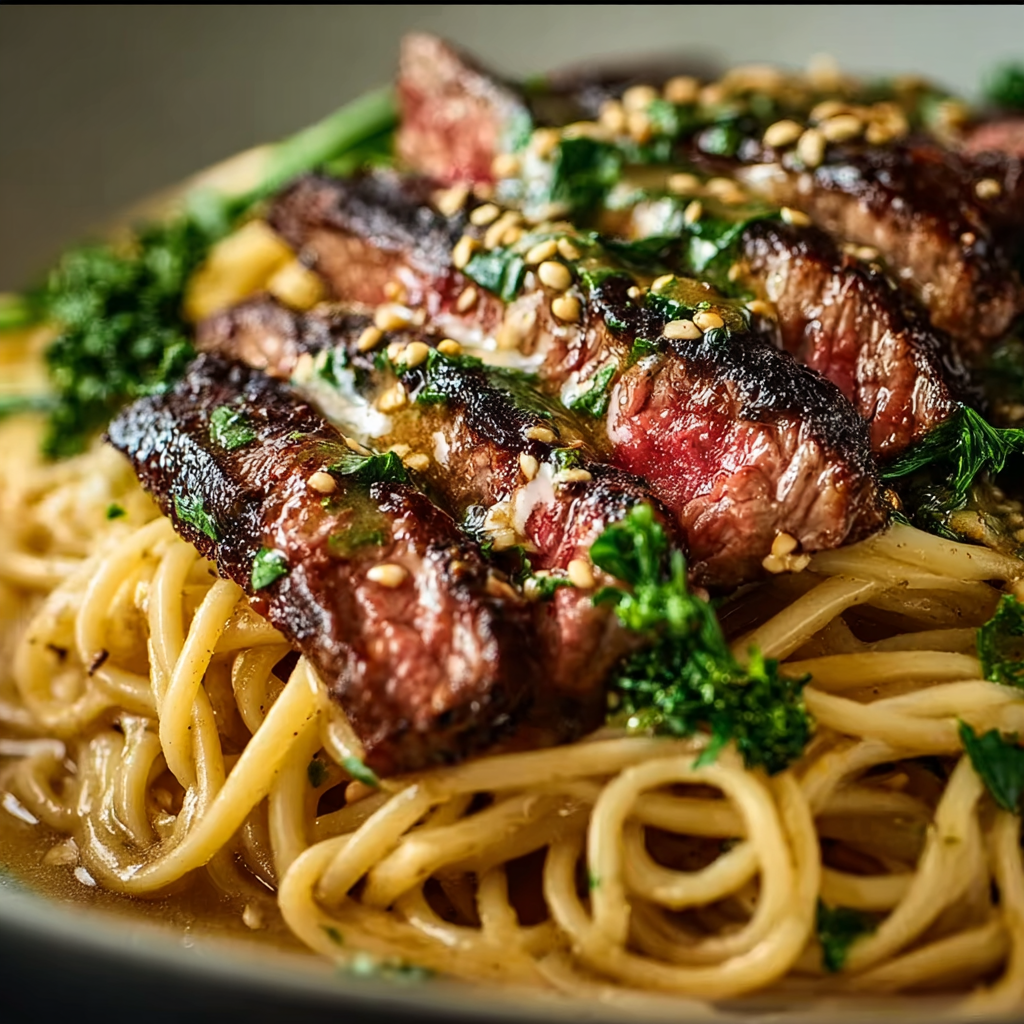 Custom Garlic Butter Steak Lightning Noodles with toppings