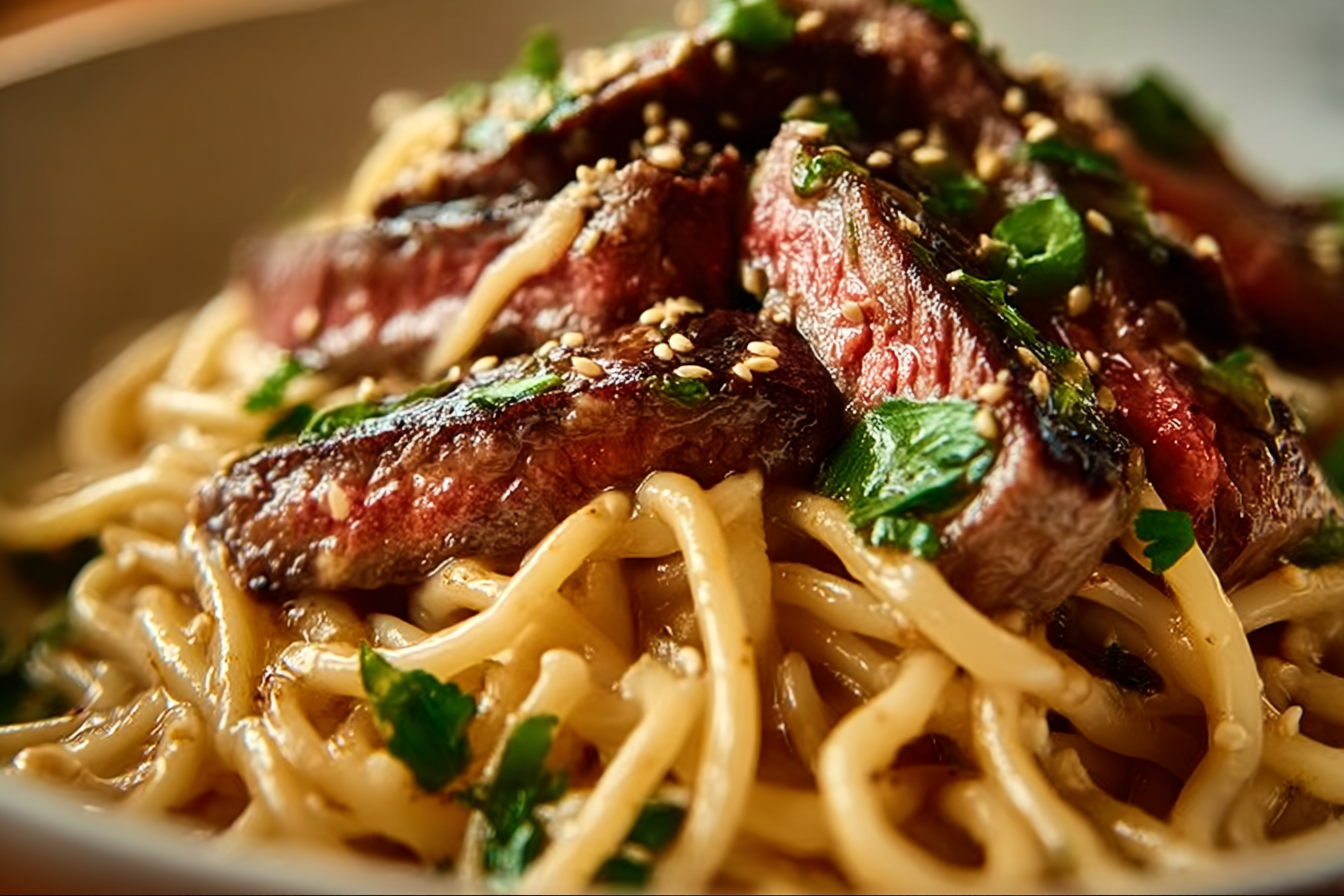 Garlic Butter Steak Lightning Noodles in ceramic bowl