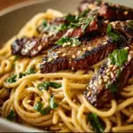 Noodles tossed with garlic butter for Garlic Butter Steak Lightning Noodles