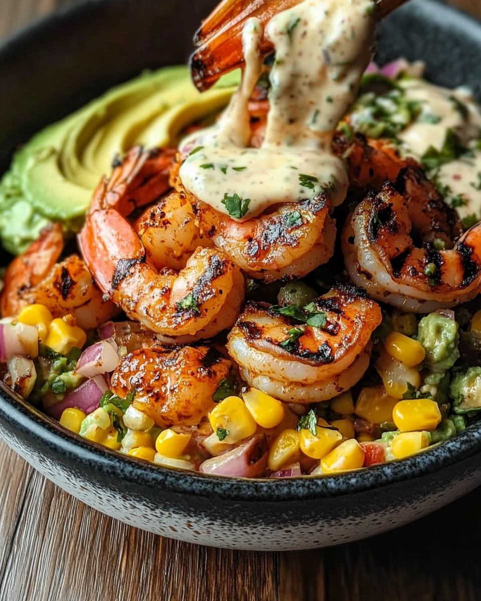 Yummy Grilled Shrimp Bowl with Avocado Corn Salsa and Creamy Sauce