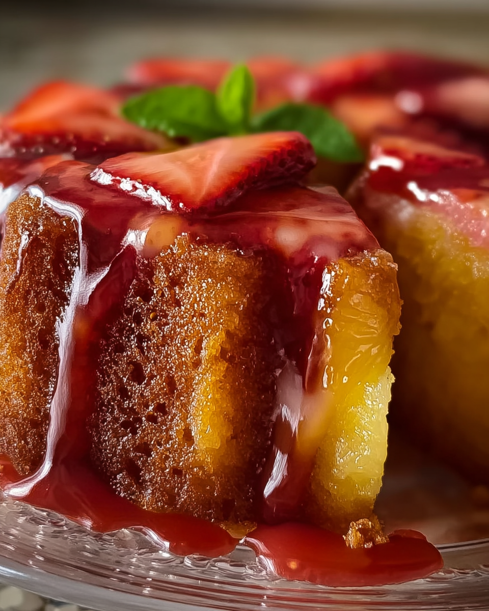 Strawberry pineapple pound cake slice with garnish