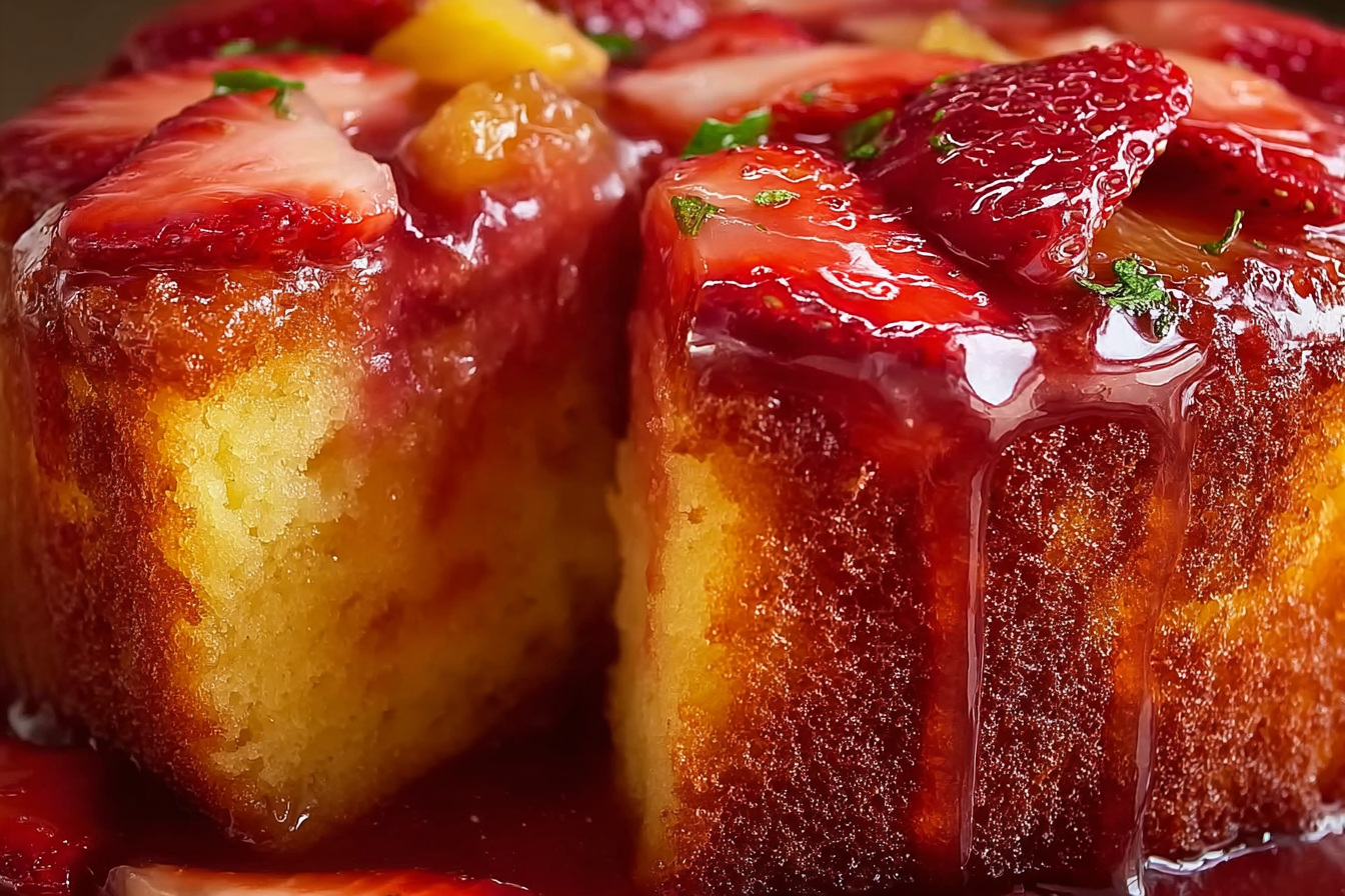 Freshly baked strawberry pineapple pound cake with glaze