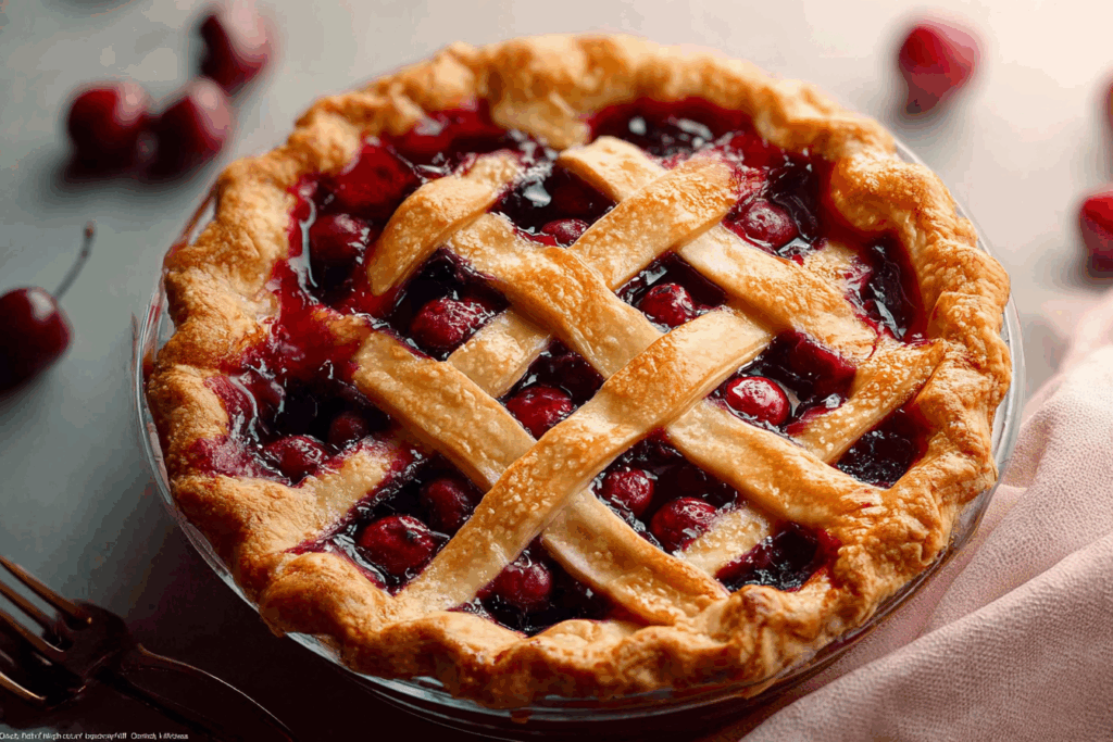 Fresh homemade cherry pie recipe with golden lattice crust and bubbling filling