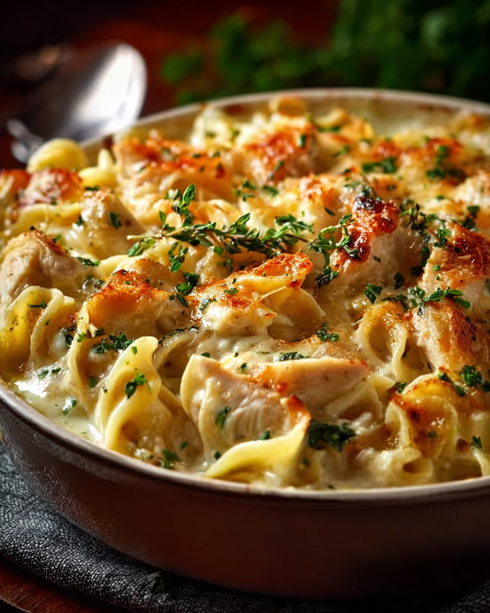Plated serving of creamy chicken noodle casserole