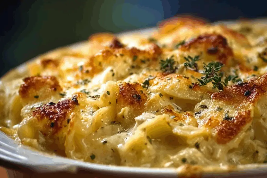Freshly baked Dolly’s Creamy Chicken Noodle Casserole in a kitchen setting