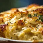 Freshly baked Dolly’s Creamy Chicken Noodle Casserole in a kitchen setting
